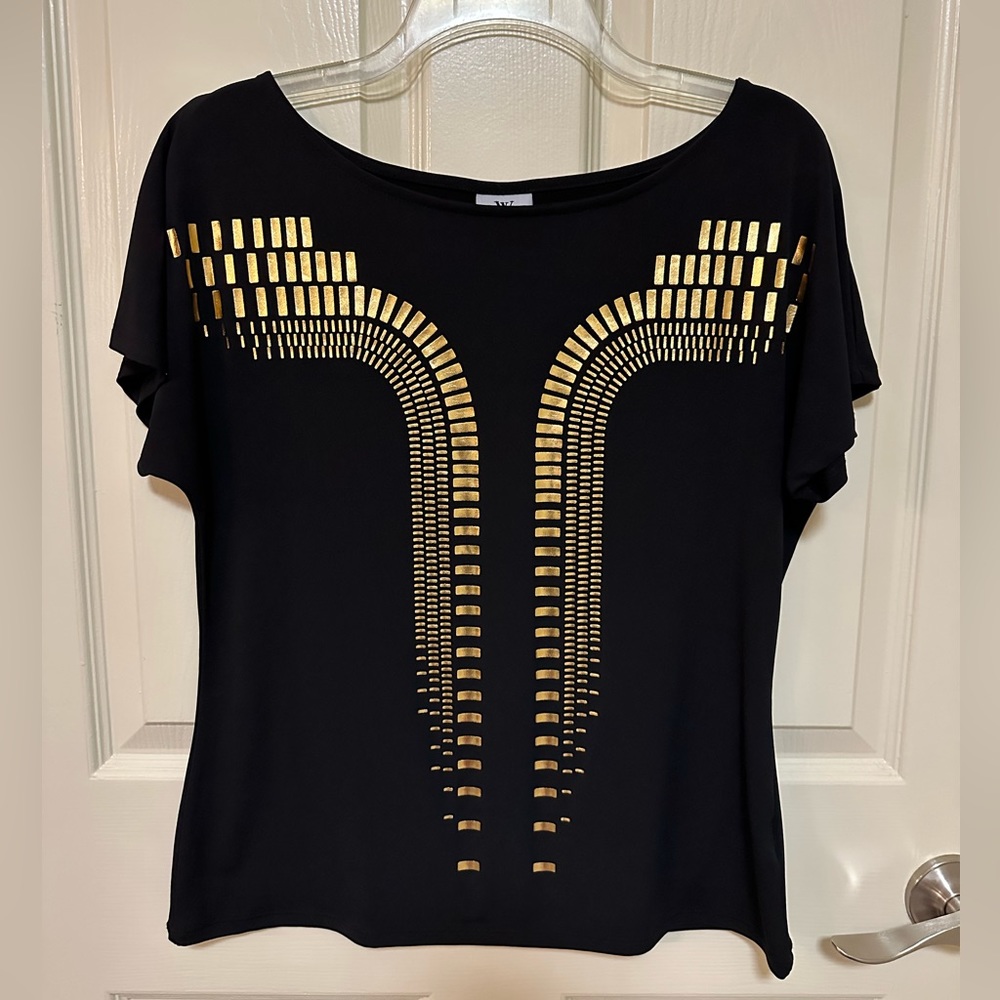 Worthington Black and Gold Patterned Short Sleeve Blouse Size M